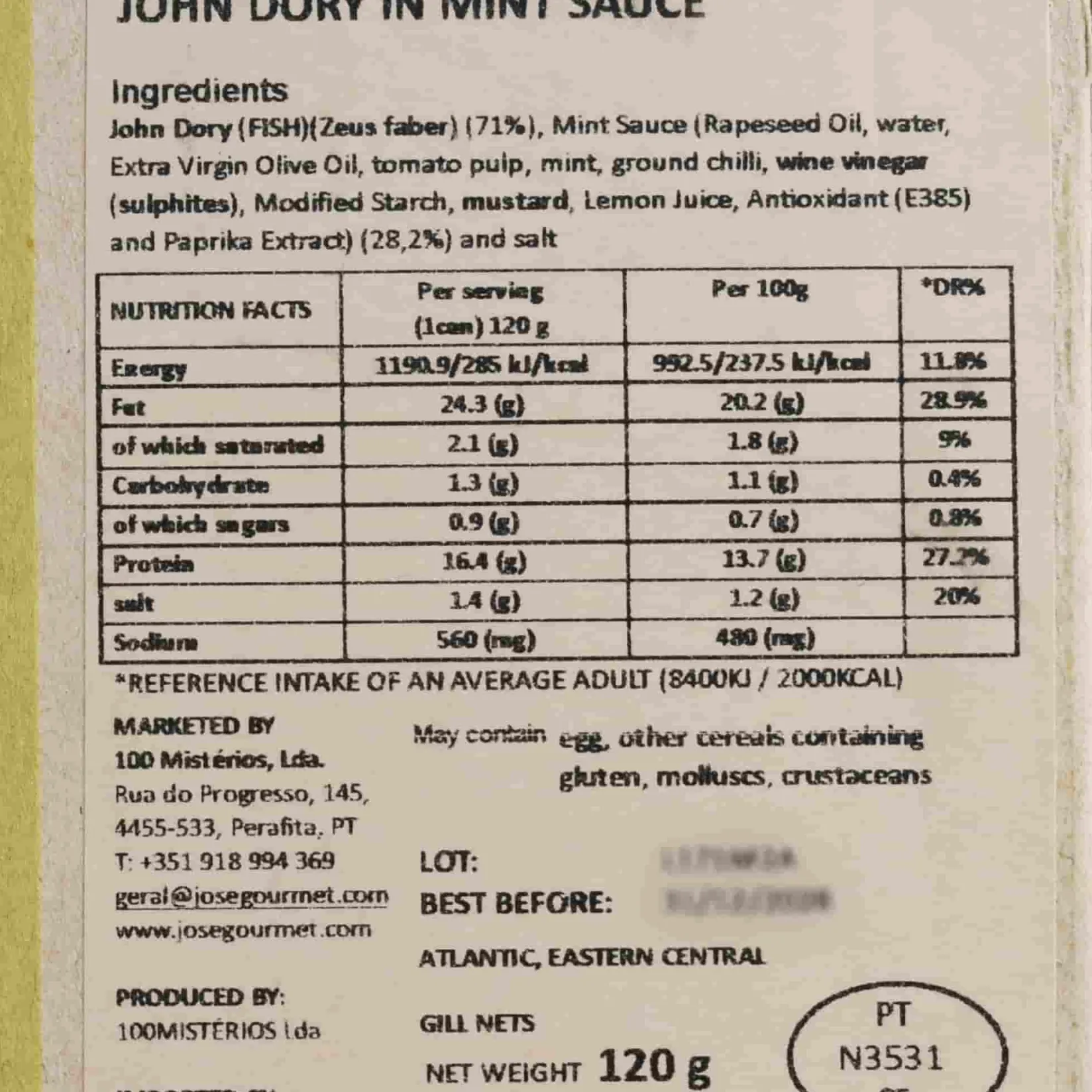 Outlet John Dory in Mint Sauce, 120g Ingredients Brands|Tinned Fish & Seafood