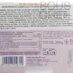 Drinking Chocolate Bar with 60% Cocoa & Bourbon Vanilla, 200g Ingredients Brands|Spanish Ingredients