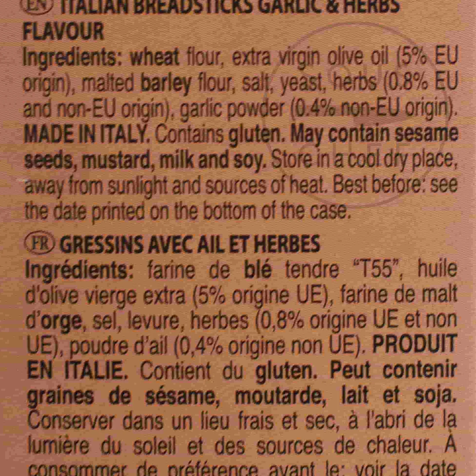 Grissini Garlic & Herbs Breadsticks, 125g Ingredients Brands|Snacks