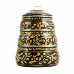 Hot Hand Painted Three Tier Black Tiffin Tin, 1.5 Litre Indian Ingredients|Food Storage & Containers