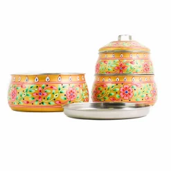 Hand Painted Three Tier Yellow Tiffin Tin, 1.5 Litre Indian Ingredients|Food Storage & Containers