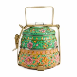 Sale Hand Painted Two Tier Pink & Green Tiffin Tin, 750ml Indian Ingredients|Food Storage & Containers