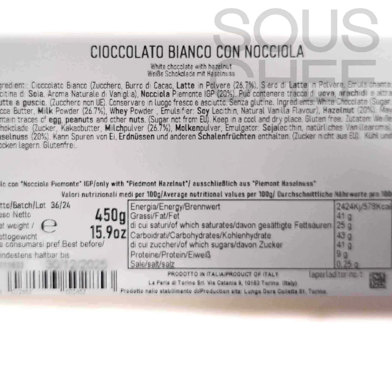 Hot White Chocolate Slab with Whole Roasted Hazelnuts, 450g Ingredients Brands|Italian Ingredients