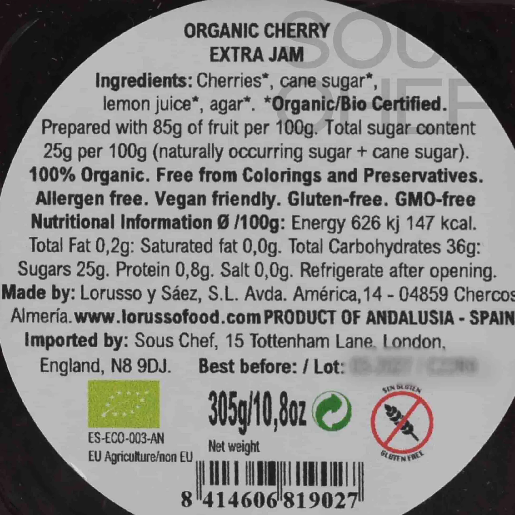 Outlet Organic Artisanal Cherry Jam, 305g Ingredients Brands|Jam, Honey & Spreads