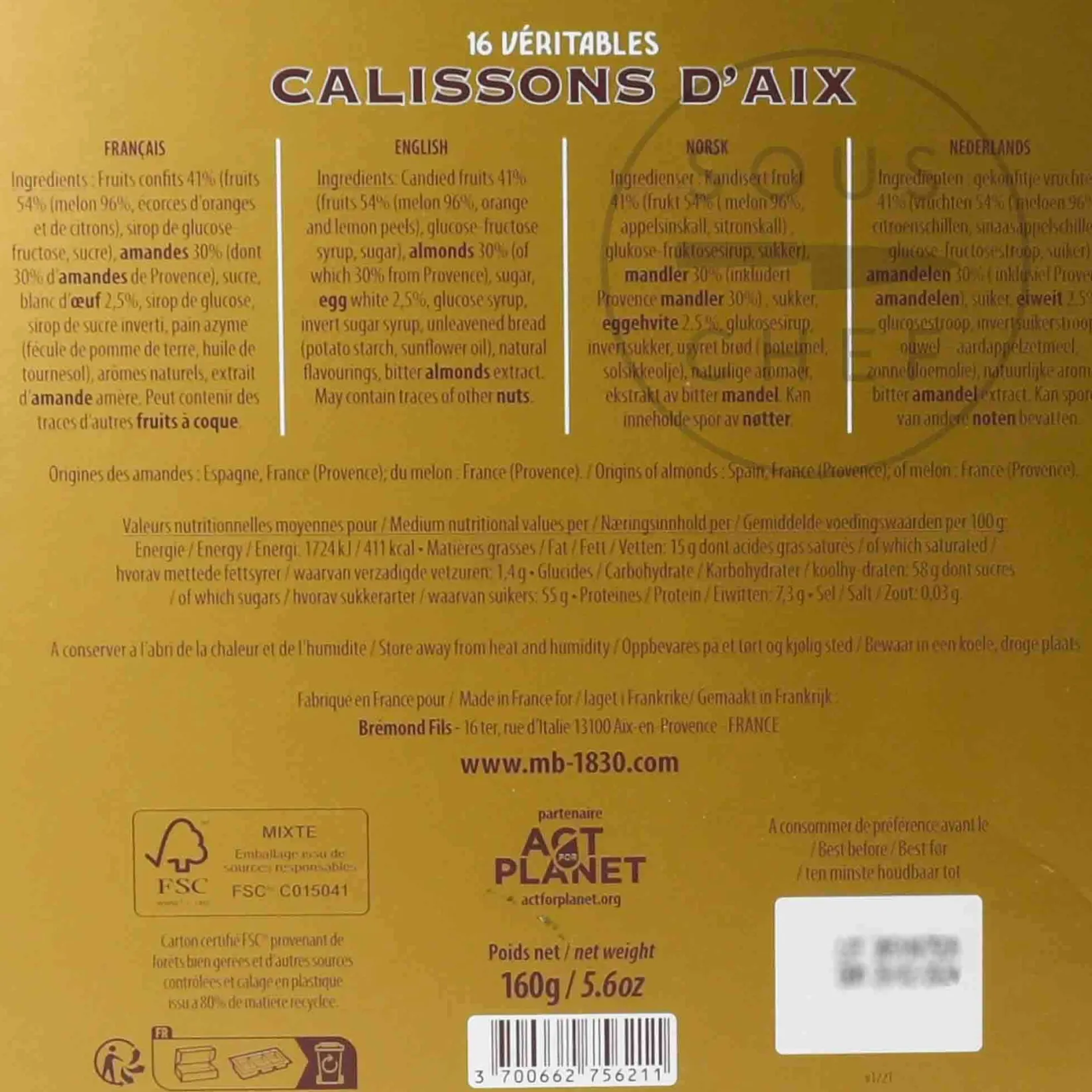 Outlet Calissons from Aix, 160g Ingredients Brands|French Ingredients