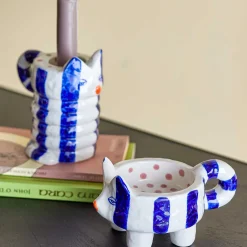 Online Set of 2 Blue Striped Cat Candle Holders Table Setting|Tableware Brands