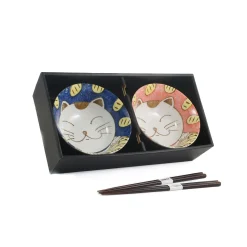 New Set of 2 Lucky Cat Rice Bowls with Chopsticks Crockery & Dinnerware|Bowls