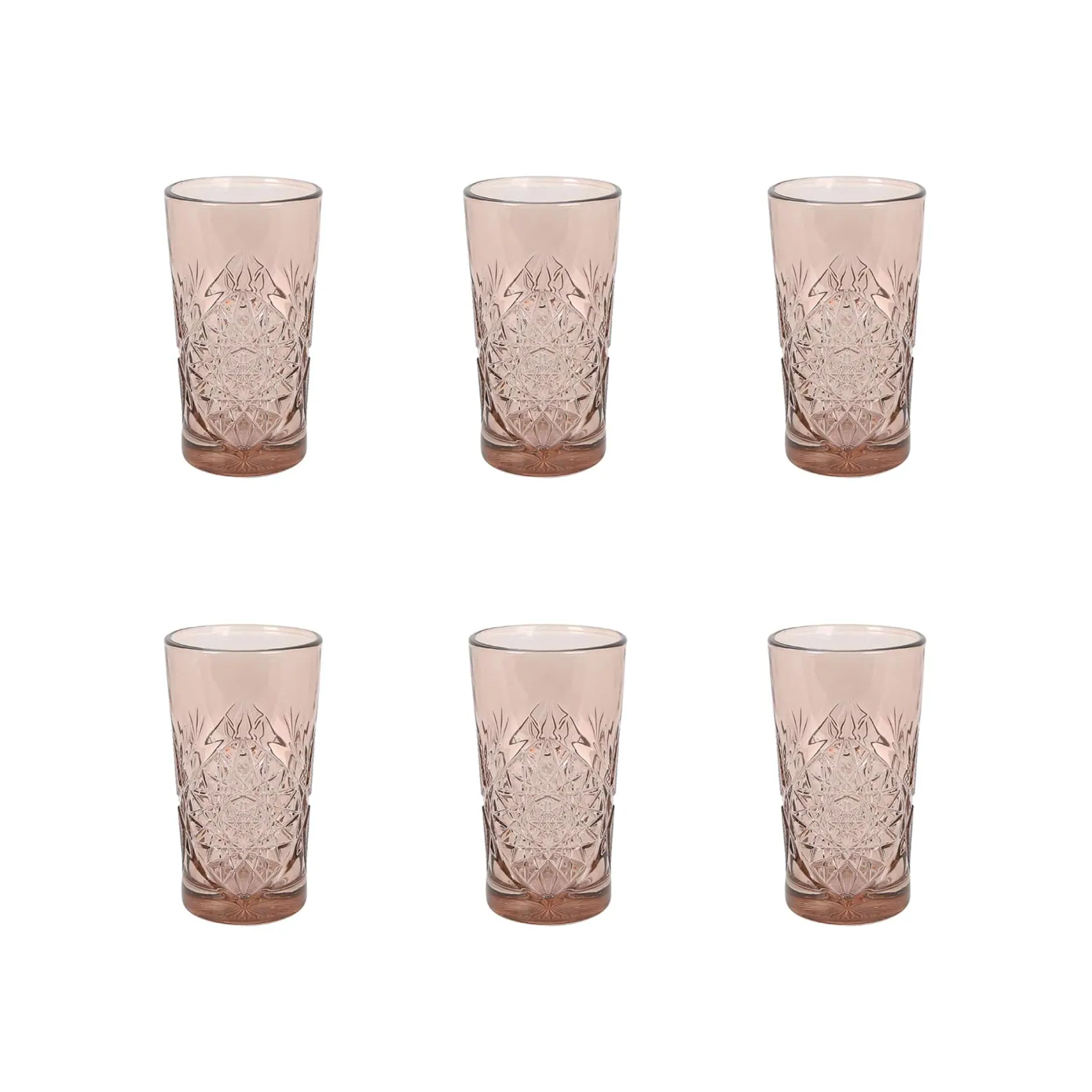 Clearance Set of 6 Pink Hobstar Highball Glasses, 350ml Tableware Brands|Cocktail Making & Barware