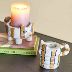 Outlet Set of 2 Yellow Striped Cat Candle Holders Table Setting|Tableware Brands